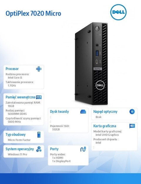 Komputer Optiplex MFF/Core i5-14500T/16GB/512GB SSD/Integrated/WLAN + BT/Kb/Mouse/W11Pro