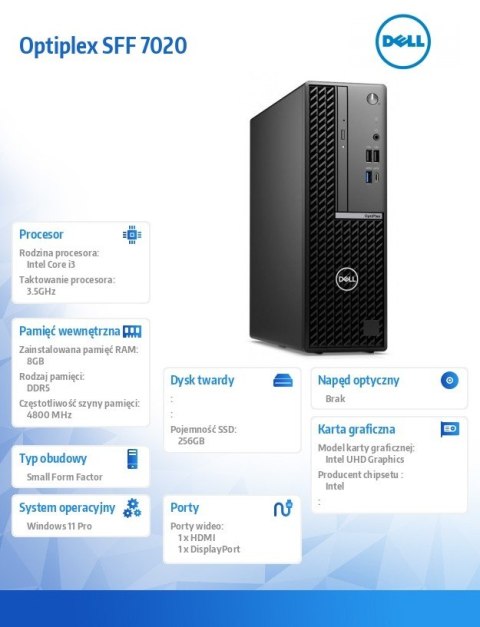 Komputer Optiplex SFF/Core i3-14100/8GB/256GB SSD/Integrated/WLAN + BT/Kb/Mouse/W11Pro