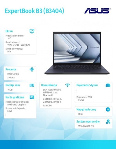 Notebook ExpertBook B3 B3404CVA-Q50137X - i5-1335U/16GB/512GB/14" WUXGA/Win 11 PRO/3YRS