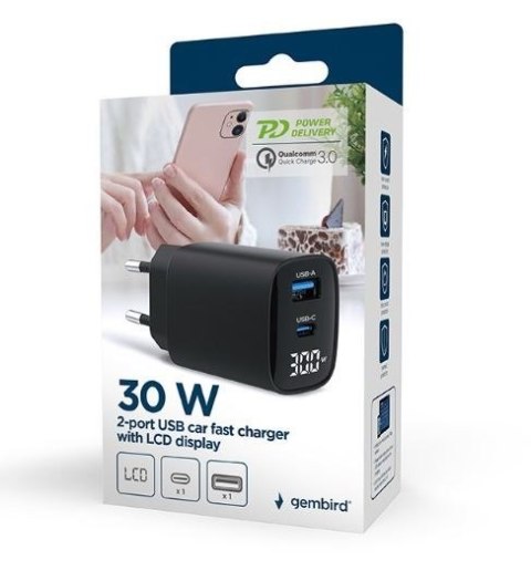 Ładowarka GaN 1xUSB-A 1xUSB-C LCD 30W PD QC3.0 czarna