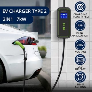 Mobilna ładowarka do samochodu elektrycznego EV z regulacją 2w1 Typ2 | 7kW | 230V | CEE 3 PIN | WiFi | LCD | Przenosna | Wallbo