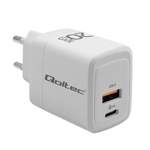 Ładowarka sieciowa 20W GaN | 5-20V | 1.5-3A | 1xUSB-C PD | 1xUSB QC 3.0 | Biała