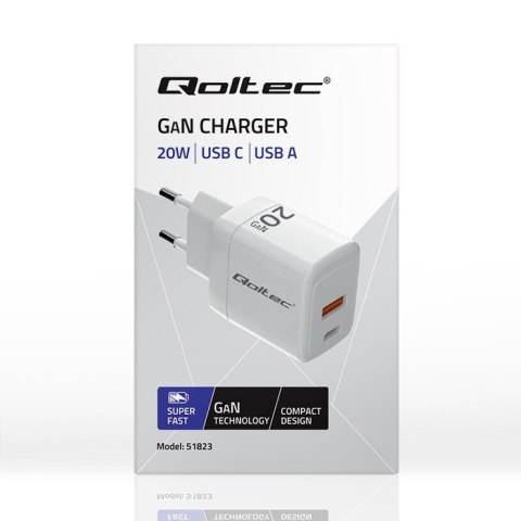 Ładowarka sieciowa 20W GaN | 5-20V | 1.5-3A | 1xUSB-C PD | 1xUSB QC 3.0 | Biała