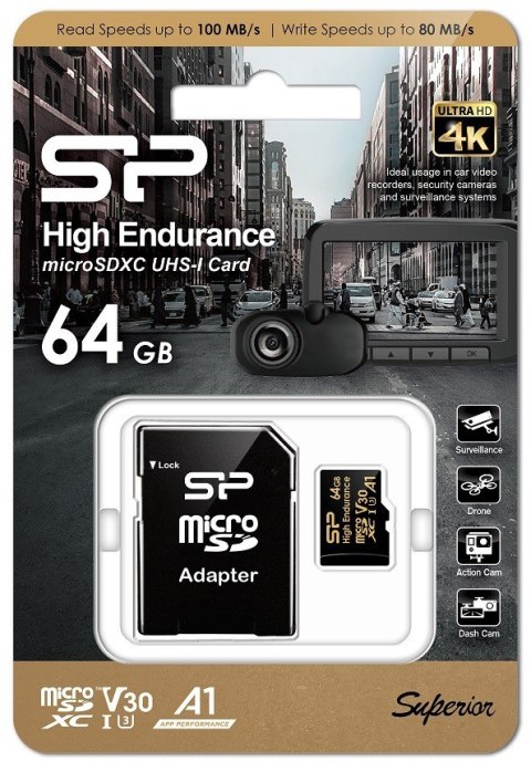 Karta pamięci microSDXC High Endurance 64GB V30 UHS-1 U3 A1 24/7 + ADAPTER microSD-SD