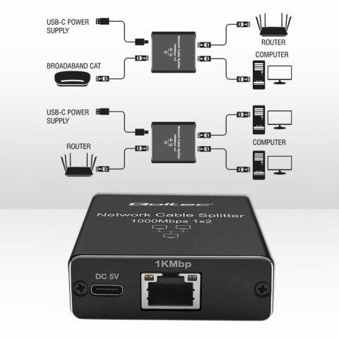 Rozdzielacz Splitter mini SWITCH 1x2 port RJ45 | 1000Mbps | USB-C| Aluminium