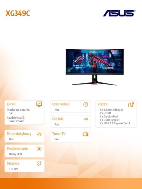 Monitor 34 cale XG349C ROG STRIX UWQHD 144/180Hz IPS DP HDMI USB-C KVM 1900R Głośnik