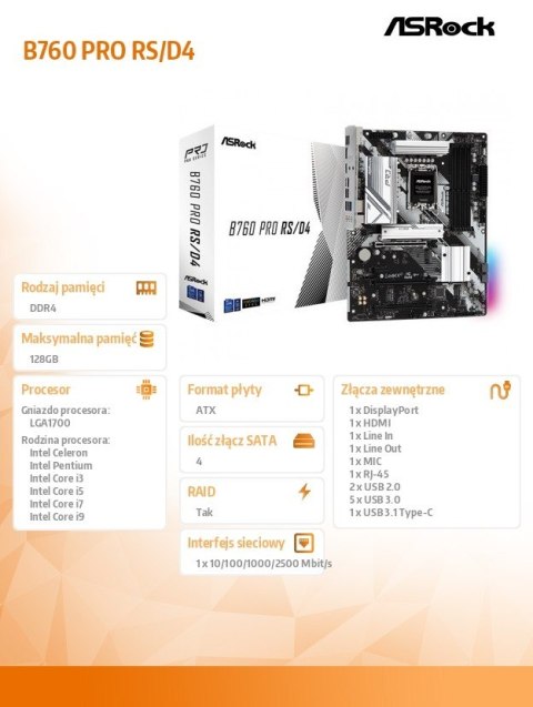 Płyta główna B760 Pro RS s1700 4DDR4 DP/HDM M.2 ATX