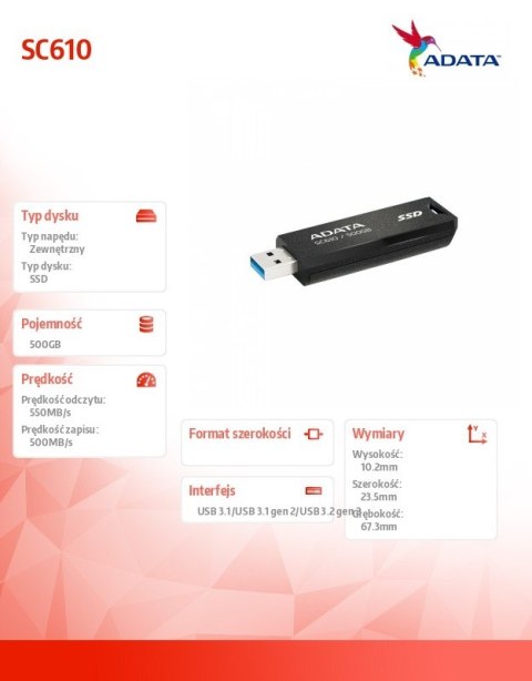 Dysk SSD zewnętrzny SC610 500G USB3.2A Gen2 czarny