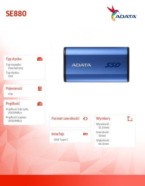 Dysk zewnętrzny SSD SE880 1TB USB3.2A/C Gen2x2 Niebieski