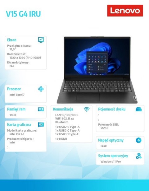 Laptop V15 G4 83A100LQPB W11Pro i7-1355U/16GB/512GB/INT/15.6 FHD/Business Black/3YR OS