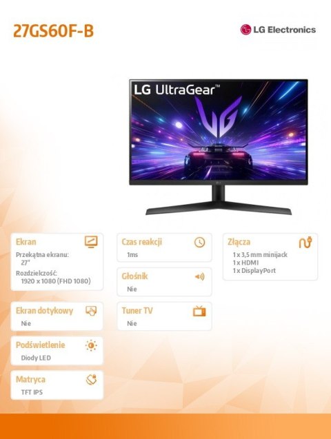 Monitor 27GS60F-B 27 cali FHD UltraGear IPS 180Hz 1ms