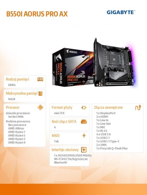 Płyta główna B550I AORUS PRO AX AM4 2DDR4 HDMI/DP mITX