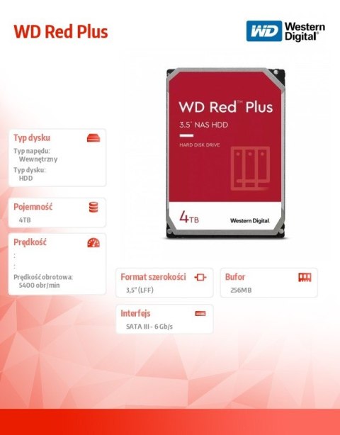 Dysk 3,5 cala WD Red Plus 4TB CMR 256MB/5400RPM