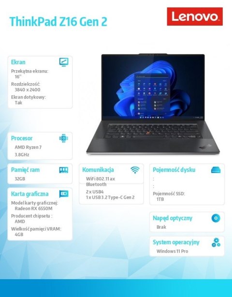 Laptop ThinkPad Z16 G2 21JX0018PB W11Pro 7840HS/32GB/1TB/AMD Radeon/16.0 WQUXGA/Touch/Arctic Grey/3YRS Premier Support + CO2 Off