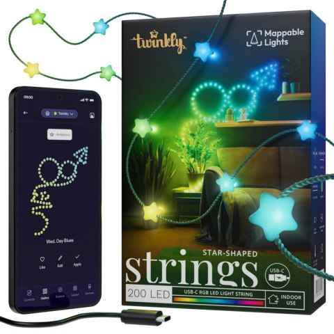 Inteligentne lampki dekoracyjne Strings USB-C (Candies) 200 LED RGB, gwiazdy, zielony przewód, 12 m