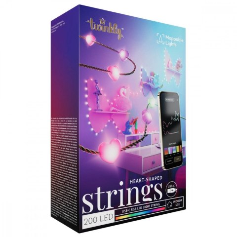 Inteligentne lampki dekoracyjne Strings USB-C (Candies) 200 LED RGB, serca, zielony przewód, 12 m