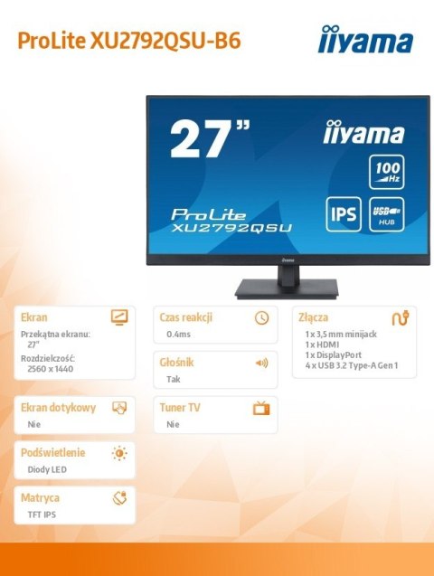 Monitor 27 cali ProLite XU2792QSU-B6 IPS,QHD,100Hz,HDMI,DP,4xUSB3.2,SLIM