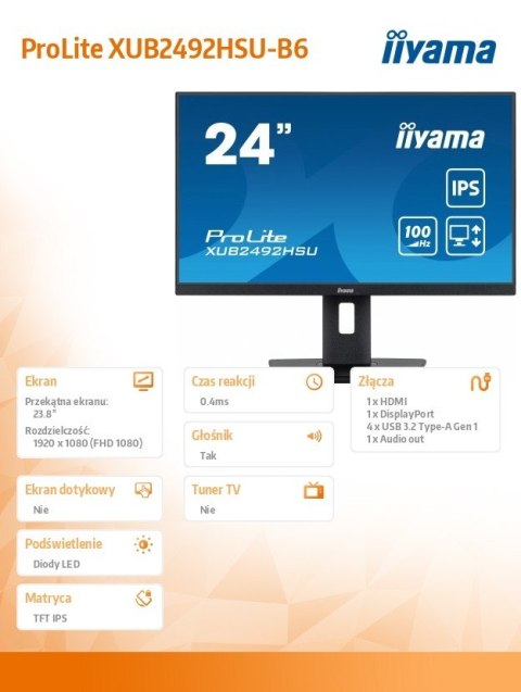 Monitor 23.8 cala XUB2492HSU-B6 IPS,HDMI,DP,100Hz,PIVOT,USB,HAS/150mm