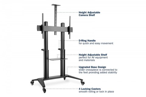 Stojak mobilny pojedynczy z półką i uchwytem na kamerę, 1xLCD max. 120" max. 140kg, VESA max. 1000x600