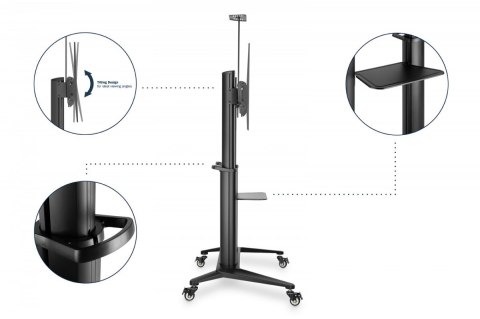 Stojak mobilny pojedynczy z półką i uchwytem na kamerę, 1xLCD max. 120" max. 140kg, VESA max. 1000x600