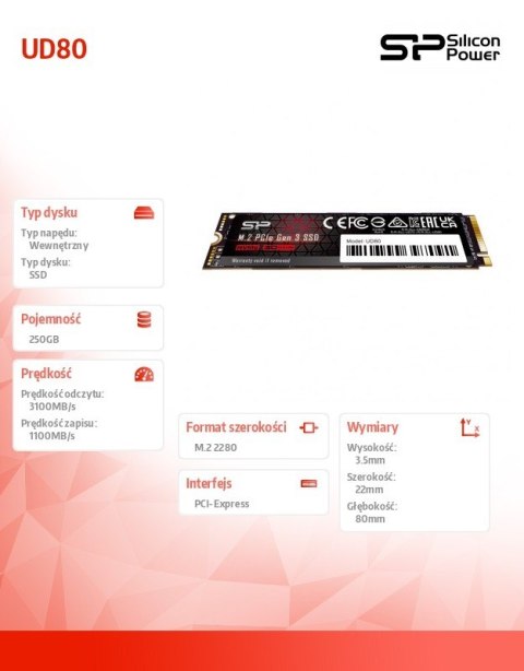 Dysk SSD UD80 250GB PCIe M.2 2280 Gen 3x4 3100/1100 MB/s