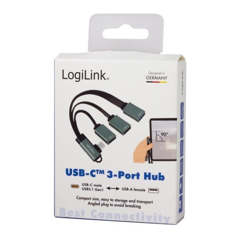 Hub USB 3.2, USB-C/M 90, do 3xUSB-A/F, 0.15m