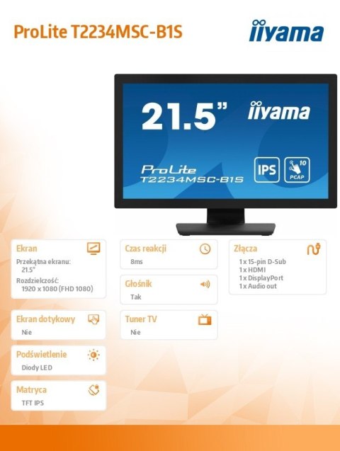 Monitor ProLite 21.5 cala T2234MSC-B1S IPS,10PKT.VGA,HDMI,DP