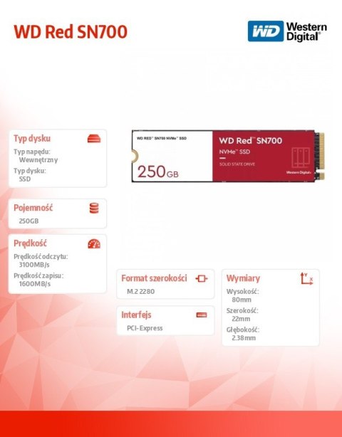 Dysk SSD WD Red 250GB SN700 2280 NVMe M.2 PCIe