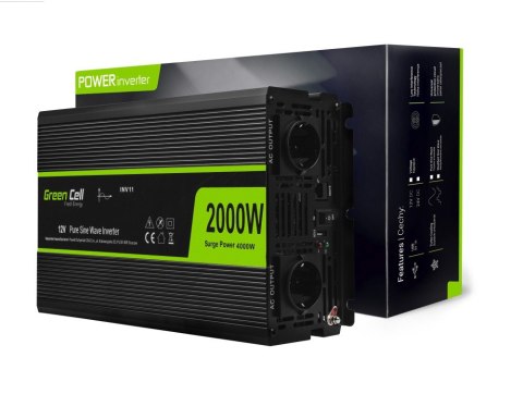 GREEN CELL PRZETWORNICA INV11 12V-230V 2000W/4000W CZYSTA SINUSOIDA (WYPRZEDAŻ)