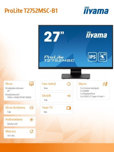 Monitor 27 cali T2752MSC-B1 10 PKT. POJ,IPS,HDMI,DP,2x2USB(3.2),2x1W400cd/m2,7H,