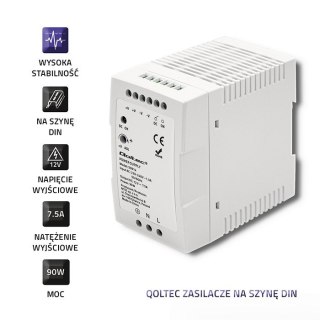 QOLTEC ZASILACZ NA SZYNĘ DIN 90W | 12V | 7.5A | BIAŁY | SLIM