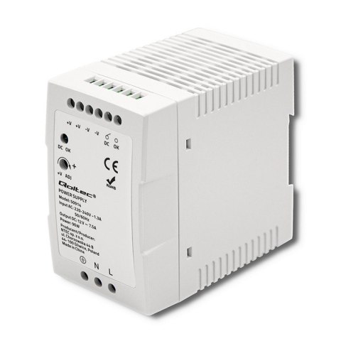 QOLTEC ZASILACZ NA SZYNĘ DIN 90W | 12V | 7.5A | BIAŁY | SLIM