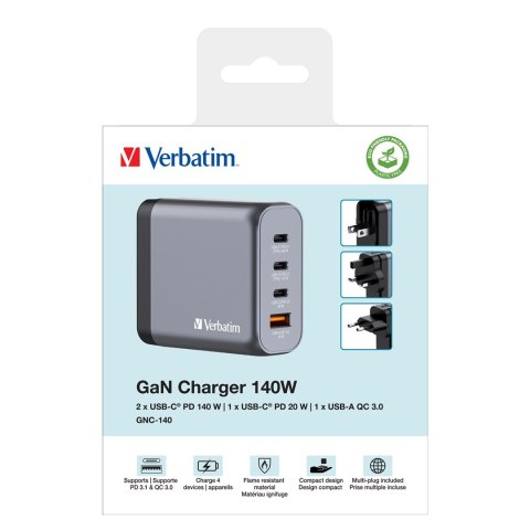 Verbatim GaN charger 140W, 1x USB-A, 3x USB-C