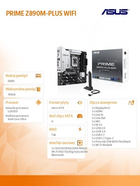 Płyta główna PRIME Z890M-PLUS WIFI S 1851 4DDR5 TB4/DP mATX /90MB1J80-M0EAY0