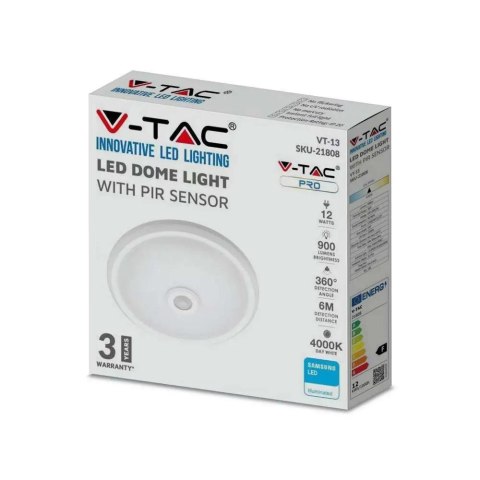 Plafon V-TAC VT-13 12W LED SAMSUNG CHIP IP20 czujnik ruchu 6500K 900lm (SKU 21809) Biały