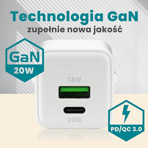 Ładowarka sieciowa 230V EVERACTIVE SC-330Q 1xUSB-A + 1xUSB-C 20W biała