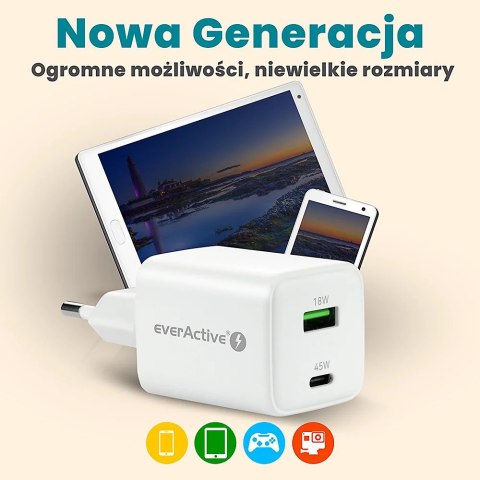 Ładowarka sieciowa 230V EVERACTIVE SC-450Q 1xUSB-A + 1xUSB-C 45W biała