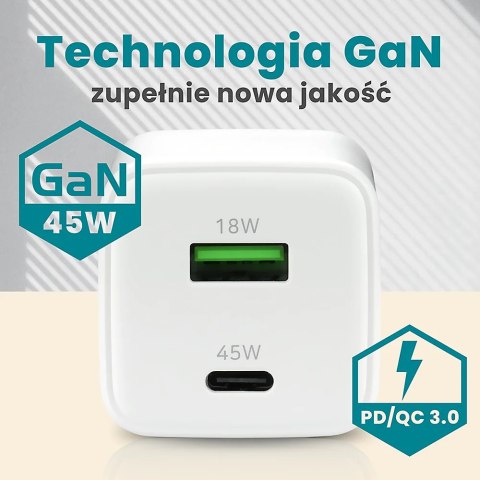 Ładowarka sieciowa 230V EVERACTIVE SC-450Q 1xUSB-A + 1xUSB-C 45W biała