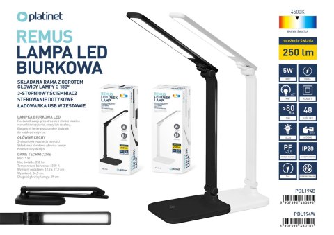 Lampka biurkowa led PLATINET REMUS czarna 5W 250lm 4500K z gniazdem USB-A (46009)