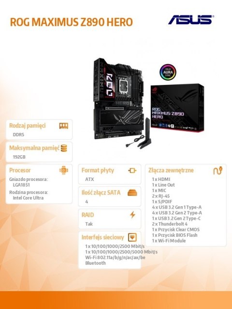 Płyta główna ROG MAXIMUS Z890 HERO s1851 4DDR5 TB4 ATX/90MB1ID0-M0EAY0