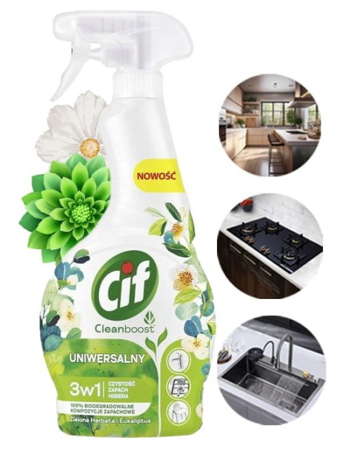 CIF Cleanboost Uniwersalny 3w1 Spray Czyszczacy Zielona Herbata i Eukaliptus