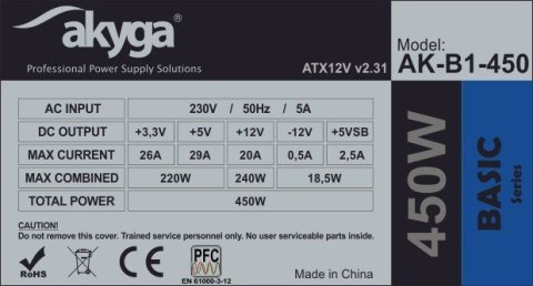 Zasilacz Akyga AK-B1-450 (450 W; Pasywne; 120 mm)