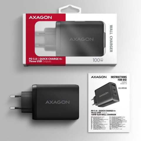 Ładowarka sieciowa ACU-DPQ100 GaN 100W, 3x port (USB-A + dual USB-C) PD3.0/QC4+/PPS/Apple Czarna