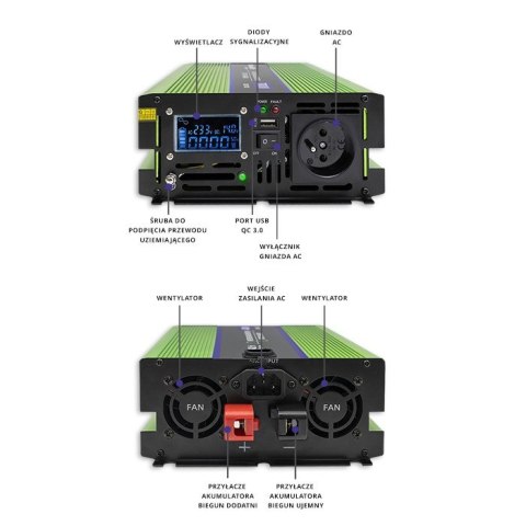 Przetwornica napięcia Monolith | ładowanie baterii | UPS | 1000W | 2000W | 12V na 230V | Czysty Sinus | LCD