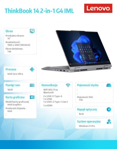 Laptop ThinkBook 14 2in1 IML G4 21MX0028PB W11Pro Ultra 7 155U/16GB/1TB/INT/14.0 WUXGA/Touch/Luna Grey/3YRS OS + CO2 Offset