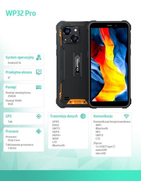 Smartfon WP32 Pro 6" 6/256GB 6300 mAh DualSIM Pomarańczowy