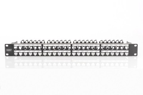 Panel krosowy high density 19" 48x keystone, ekranowany, 1U, czarny, prowadnica kabli,pola opisowe