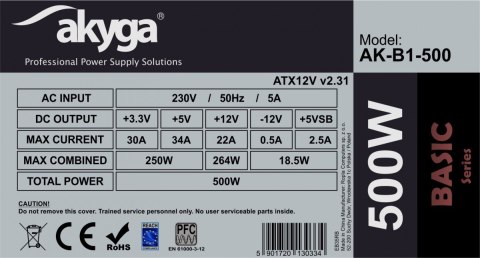 Zasilacz ATX 500W AK-B1-500 P4 PCI-E 6+2 pin 3x SATA 2x Molex PPFC FAN 12cm