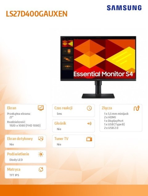 Monitor 27 cali S40GD IPS 1920x1080 FHD 16:9 2xHDMI 1xDP 2xUSB-A 2.0 1xUSB-B 5ms 100Hz HAS+PIV płaski 3YOn-Site (LS27D400GAUXEN)