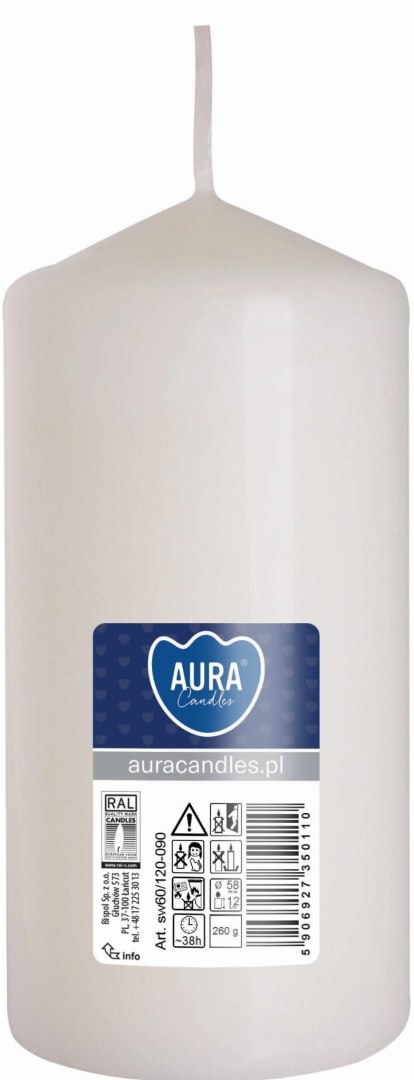 AURA Świeca Walec Biała 38h sw60/120-090